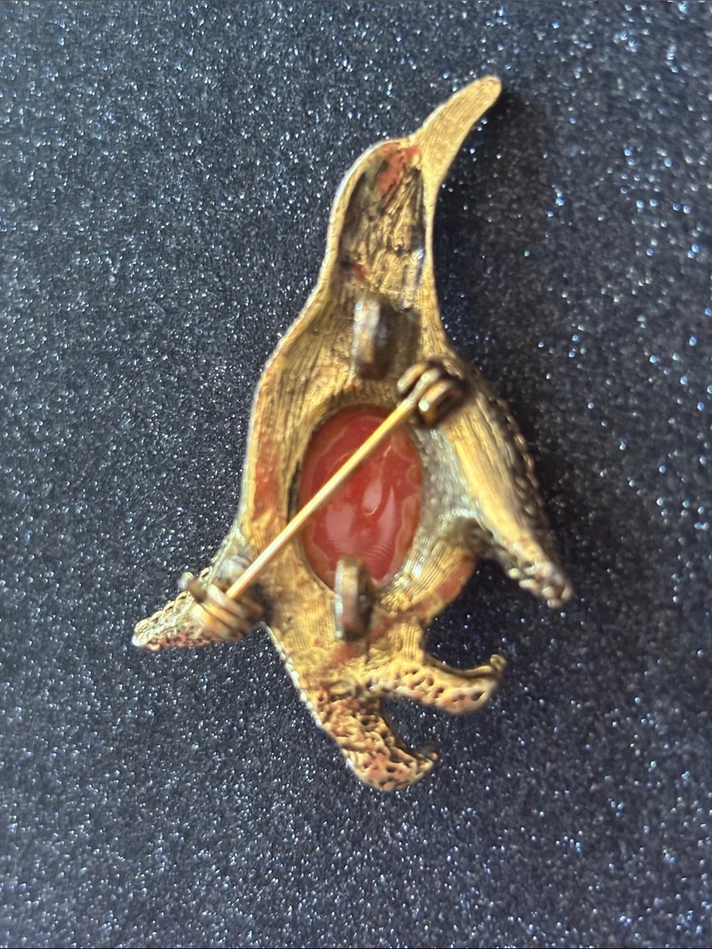 Estate Gold Penguin Brooch Coral Red jelly belly